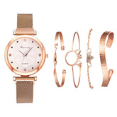 Luxury Magnet Buckle Flower Rhinestone Quartz Wrist Watch Bracelet Set - FashionByTeresa